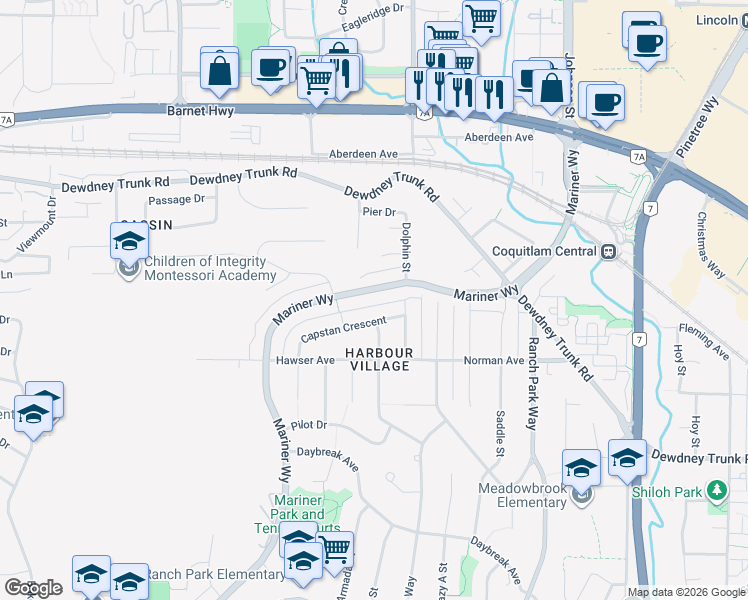 map of restaurants, bars, coffee shops, grocery stores, and more near 3214 Mariner Way in Coquitlam