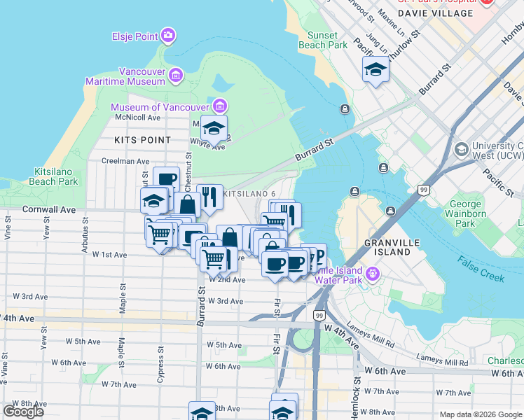 map of restaurants, bars, coffee shops, grocery stores, and more near 1450 Pennyfarthing Drive in Vancouver