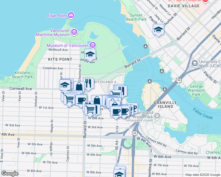 map of restaurants, bars, coffee shops, grocery stores, and more near 1450 Pennyfarthing Drive in Vancouver