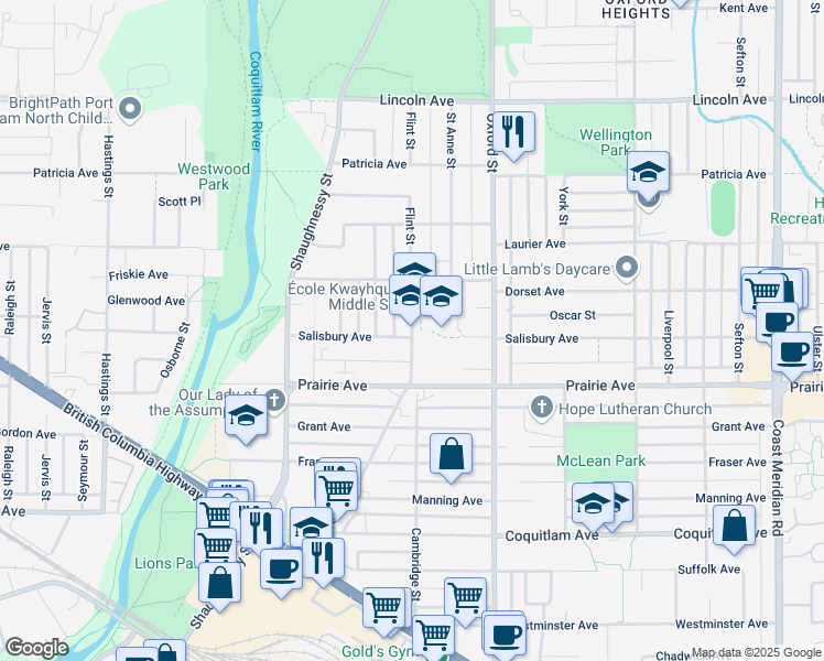 map of restaurants, bars, coffee shops, grocery stores, and more near Flint Street in Port Coquitlam