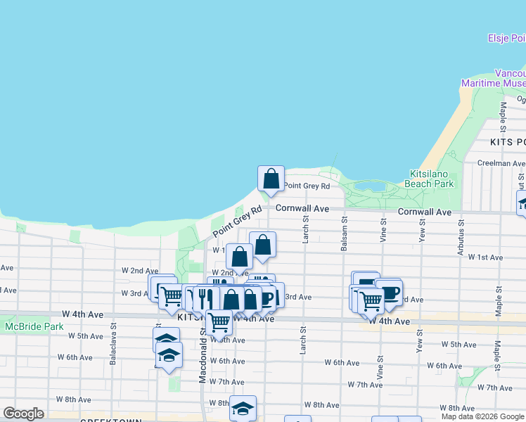 map of restaurants, bars, coffee shops, grocery stores, and more near 2616 Point Grey Road in Vancouver