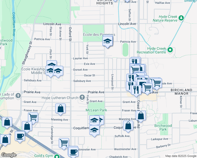 map of restaurants, bars, coffee shops, grocery stores, and more near 1741 Salisbury Avenue in Port Coquitlam