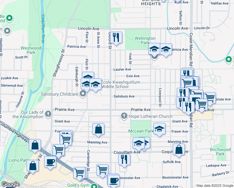 map of restaurants, bars, coffee shops, grocery stores, and more near 1867 Salisbury Avenue in Port Coquitlam