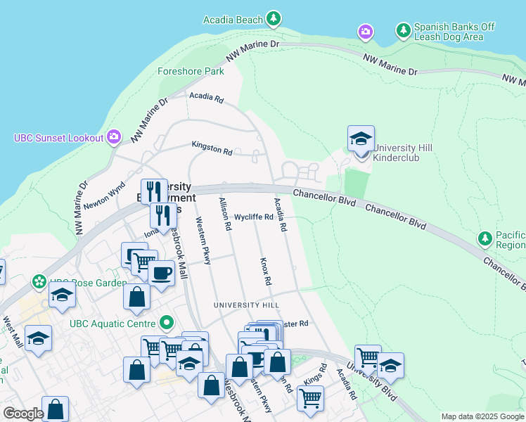 map of restaurants, bars, coffee shops, grocery stores, and more near 5549 Wycliffe Road in Vancouver