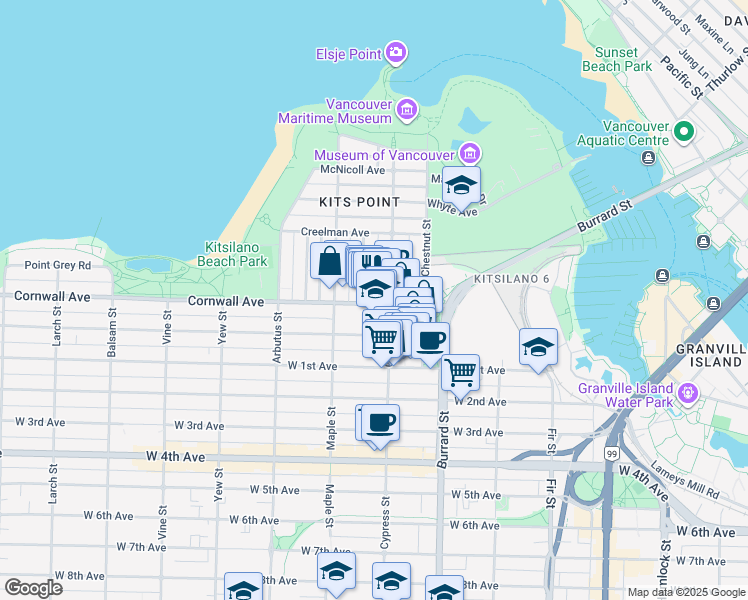 map of restaurants, bars, coffee shops, grocery stores, and more near 1935 Cornwall Avenue in Vancouver