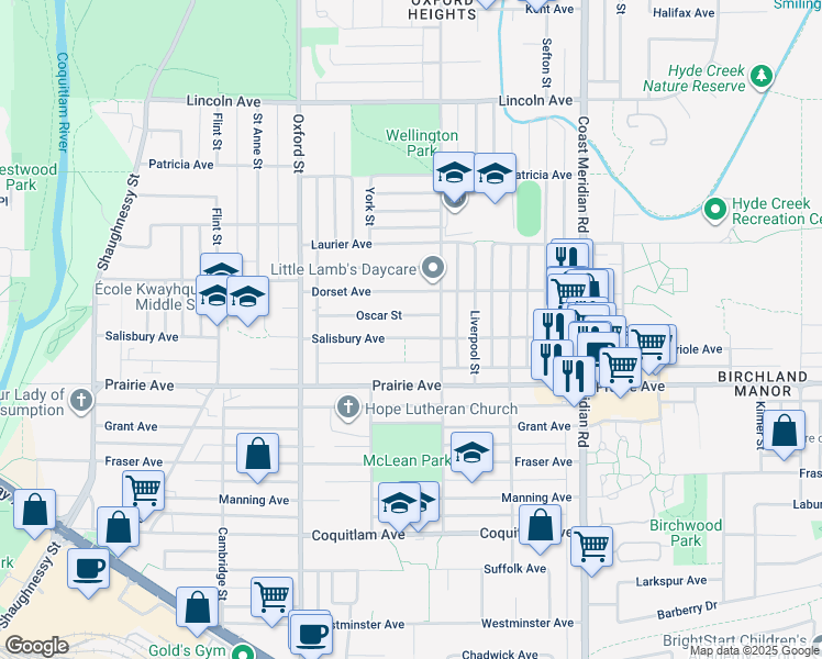 map of restaurants, bars, coffee shops, grocery stores, and more near 1747 Salisbury Avenue in Port Coquitlam
