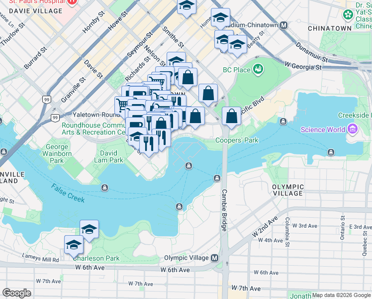 map of restaurants, bars, coffee shops, grocery stores, and more near 608 Marinaside Crescent in Vancouver