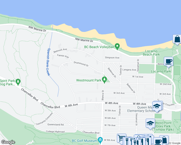 map of restaurants, bars, coffee shops, grocery stores, and more near 4728 Drummond Drive in Vancouver