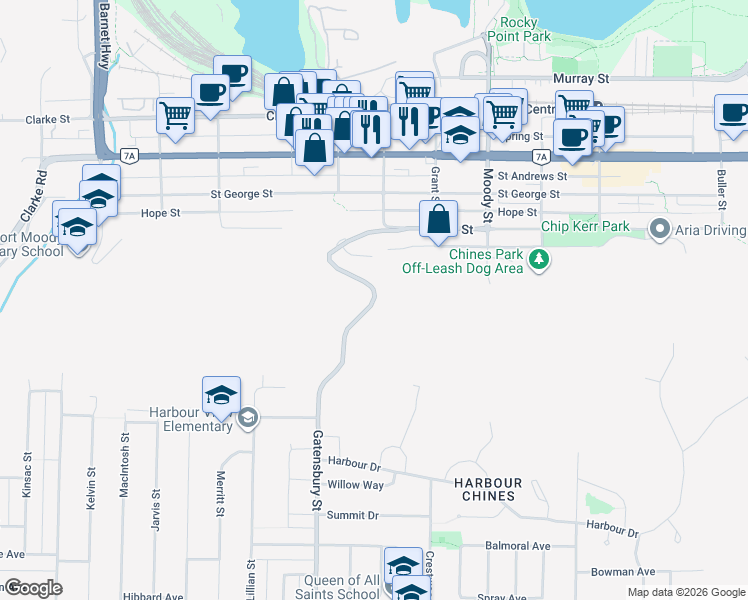 map of restaurants, bars, coffee shops, grocery stores, and more near Gatensbury Road in Port Moody