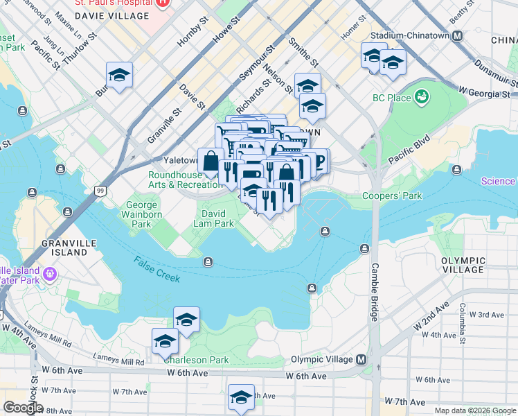 map of restaurants, bars, coffee shops, grocery stores, and more near 139 Drake Street in Vancouver
