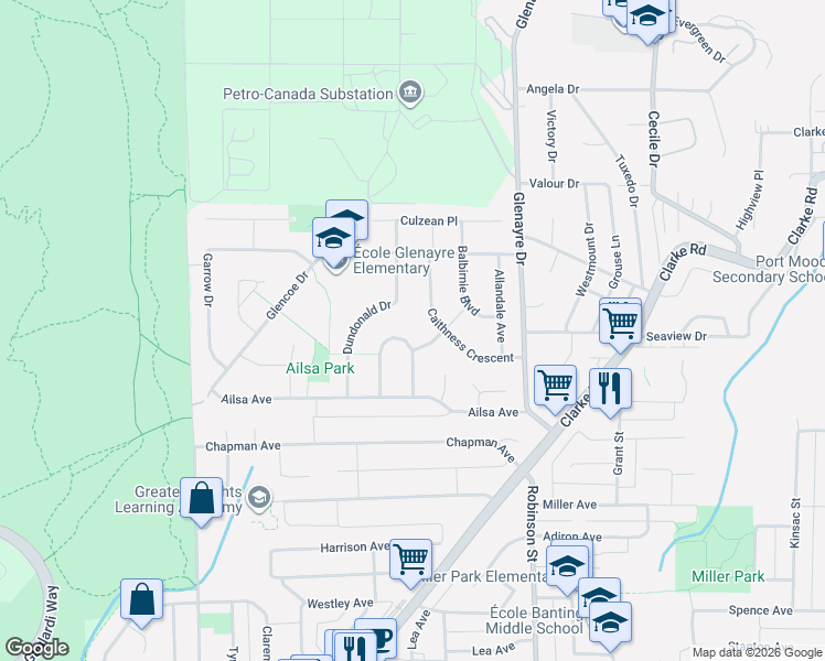 map of restaurants, bars, coffee shops, grocery stores, and more near 985 Wallace Wynd in Port Moody