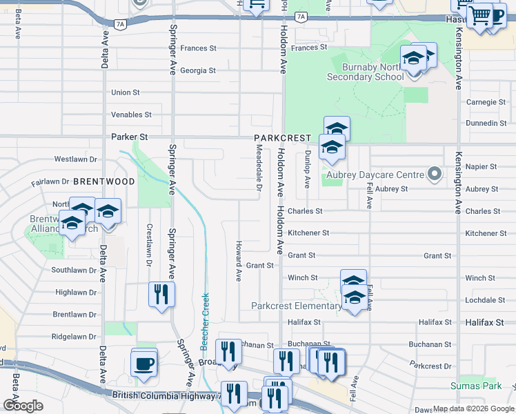 map of restaurants, bars, coffee shops, grocery stores, and more near 5460 Meadedale Drive in Burnaby