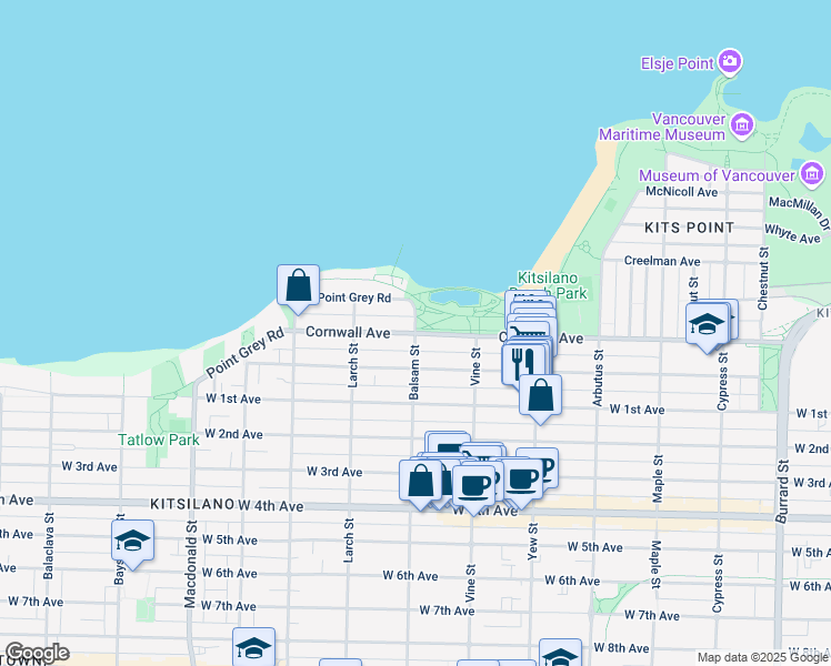 map of restaurants, bars, coffee shops, grocery stores, and more near Cornwall Ave & Balsam St in Vancouver