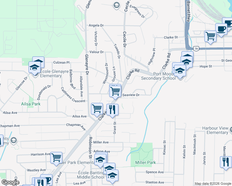 map of restaurants, bars, coffee shops, grocery stores, and more near 917 Clarke Road in Port Moody