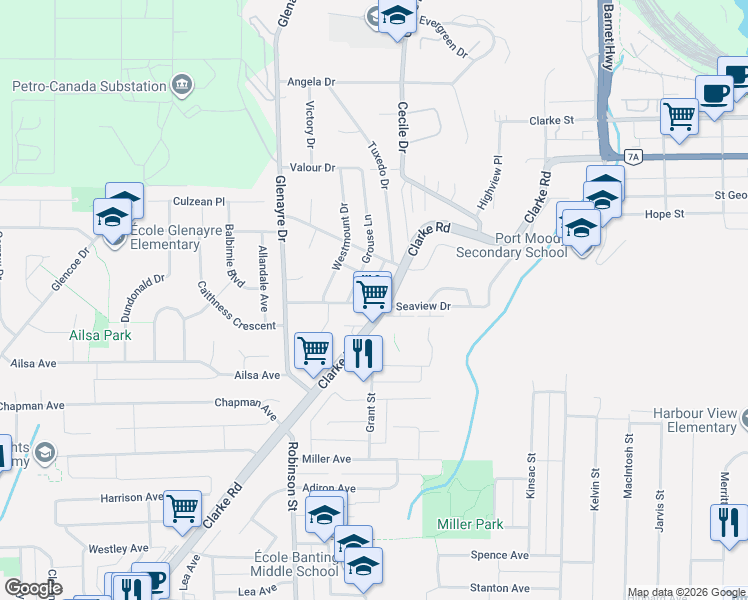 map of restaurants, bars, coffee shops, grocery stores, and more near 917 Clarke Road in Port Moody