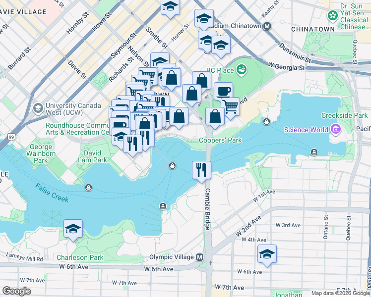 map of restaurants, bars, coffee shops, grocery stores, and more near 1088 Marinaside Crescent in Vancouver