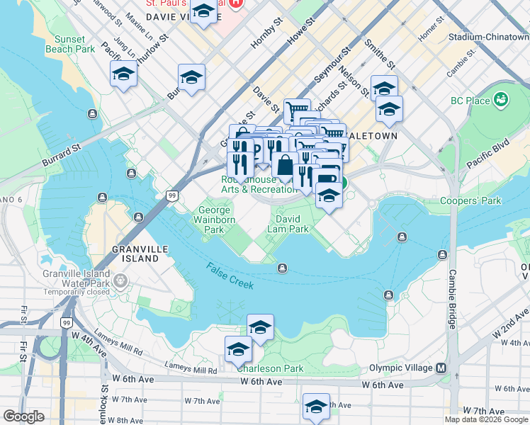map of restaurants, bars, coffee shops, grocery stores, and more near 1408 Strathmore Mews in Vancouver