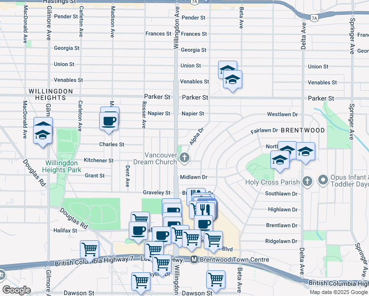 map of restaurants, bars, coffee shops, grocery stores, and more near 4623 Alpha Drive in Burnaby