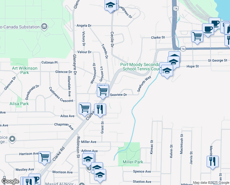 map of restaurants, bars, coffee shops, grocery stores, and more near 65 Seaview Drive in Port Moody