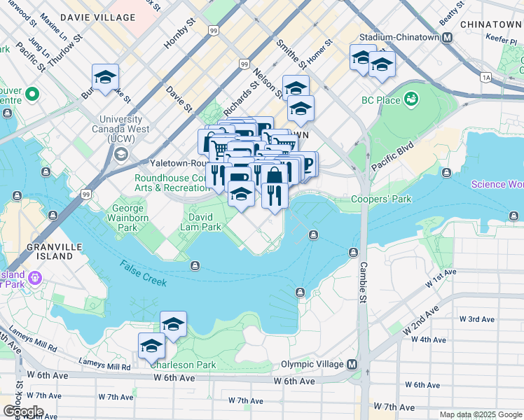 map of restaurants, bars, coffee shops, grocery stores, and more near in Vancouver