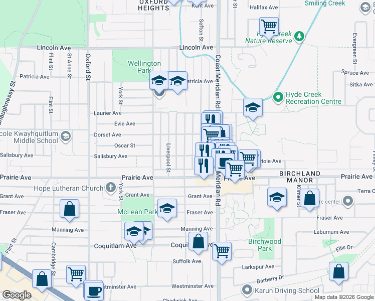 map of restaurants, bars, coffee shops, grocery stores, and more near 3336 Vincent Street in Port Coquitlam