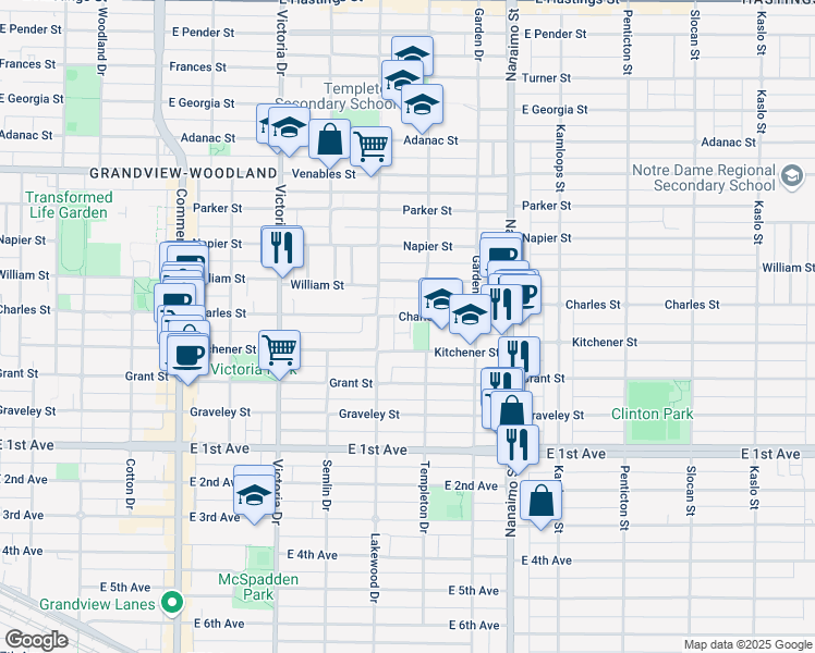 map of restaurants, bars, coffee shops, grocery stores, and more near 2150 Charles Street in Vancouver
