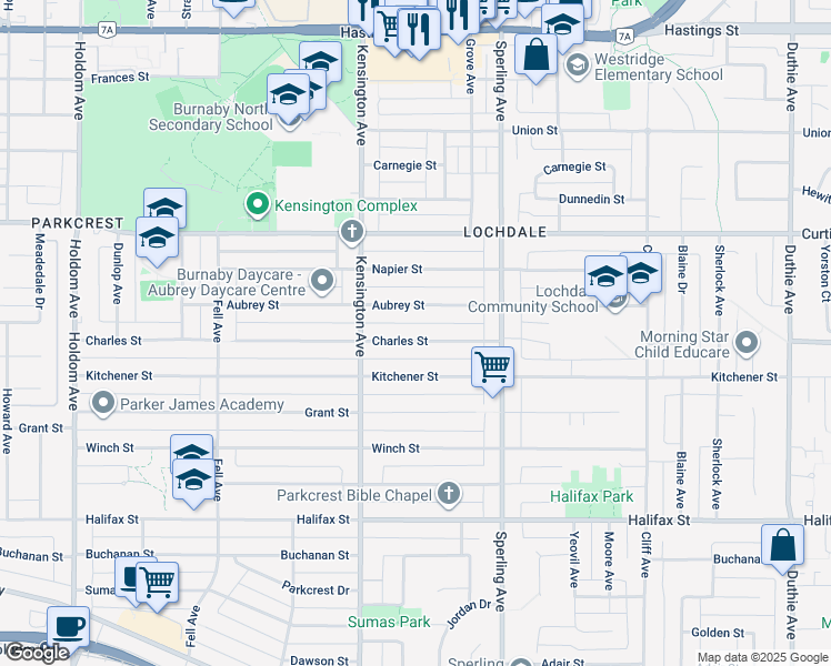 map of restaurants, bars, coffee shops, grocery stores, and more near 6575 Charles Street in Burnaby