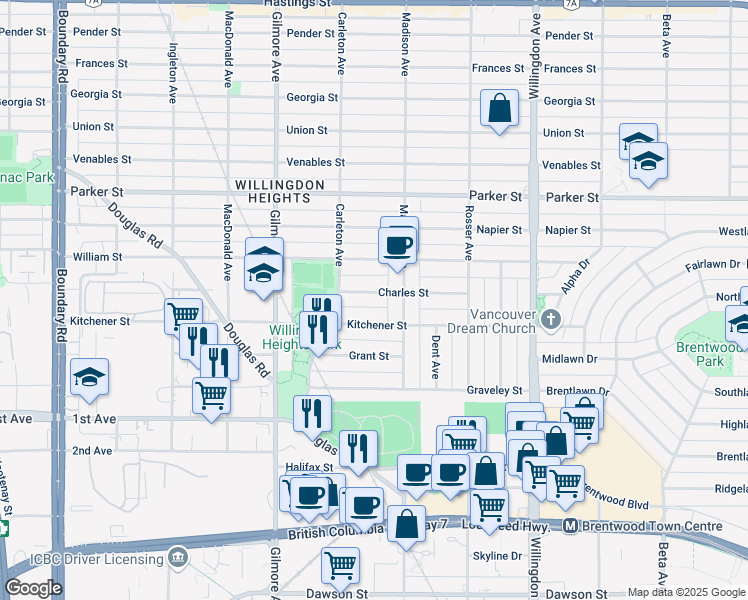 map of restaurants, bars, coffee shops, grocery stores, and more near 4254 Charles Street in Burnaby