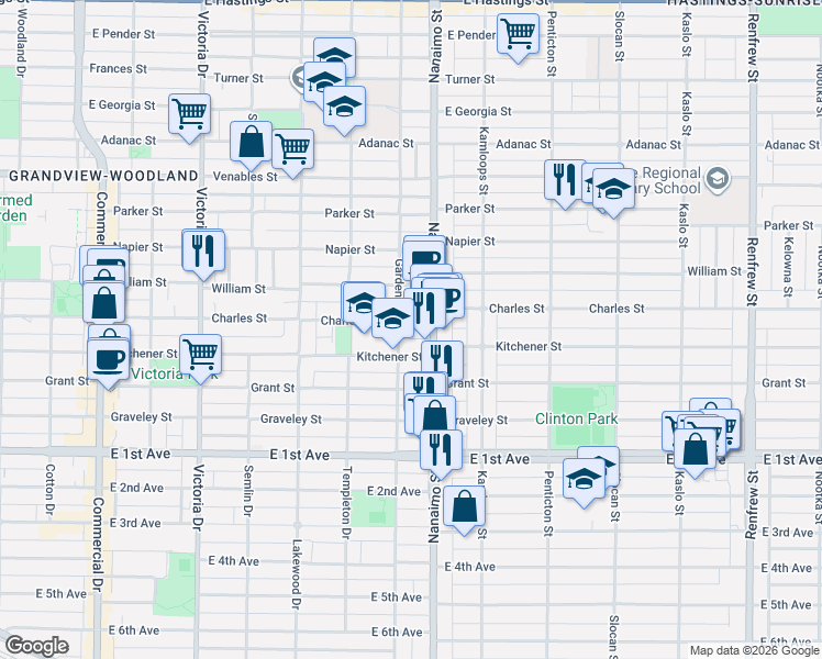 map of restaurants, bars, coffee shops, grocery stores, and more near 2326 Charles Street in Vancouver