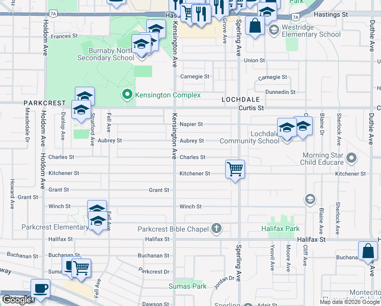 map of restaurants, bars, coffee shops, grocery stores, and more near 6545 Charles Street in Burnaby
