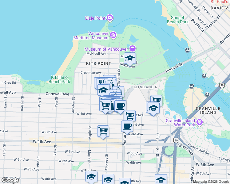 map of restaurants, bars, coffee shops, grocery stores, and more near 1815 Cornwall Avenue in Vancouver
