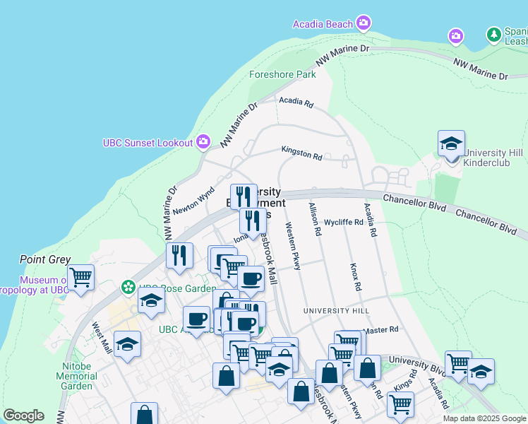 map of restaurants, bars, coffee shops, grocery stores, and more near 1610 Wesbrook Crescent in Vancouver