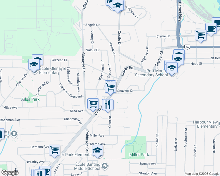 map of restaurants, bars, coffee shops, grocery stores, and more near 170 Seaview Drive in Port Moody