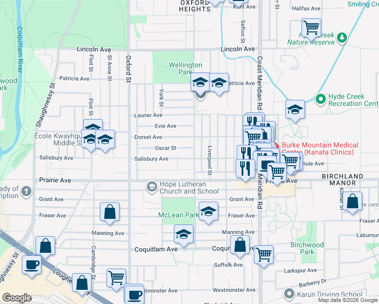 map of restaurants, bars, coffee shops, grocery stores, and more near 3339 Wellington Street in Port Coquitlam