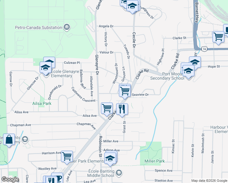 map of restaurants, bars, coffee shops, grocery stores, and more near 218 Seaview Drive in Port Moody