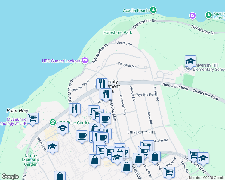 map of restaurants, bars, coffee shops, grocery stores, and more near in Vancouver