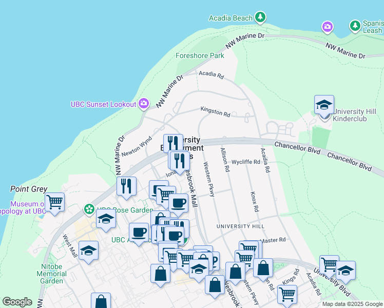 map of restaurants, bars, coffee shops, grocery stores, and more near 1610 Wesbrook Crescent in Vancouver
