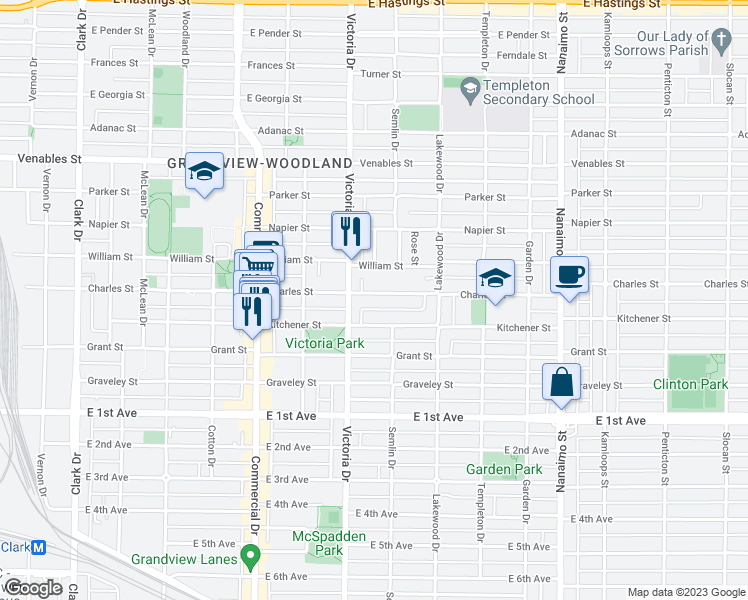 map of restaurants, bars, coffee shops, grocery stores, and more near 1944 Charles Street in Vancouver