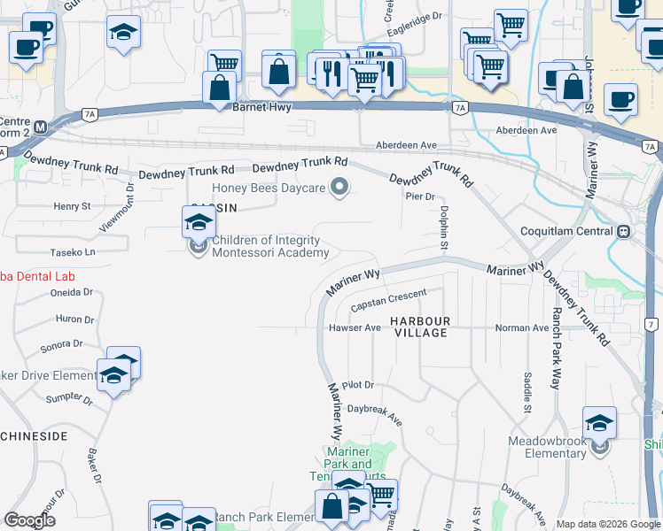 map of restaurants, bars, coffee shops, grocery stores, and more near 3178 Leeward Court in Coquitlam