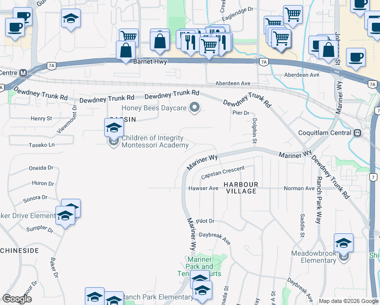 map of restaurants, bars, coffee shops, grocery stores, and more near 3178 Leeward Court in Coquitlam