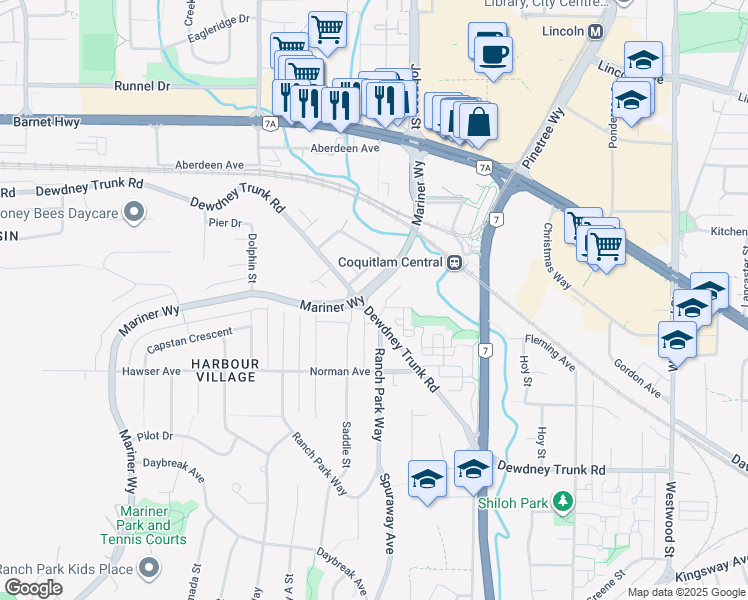 map of restaurants, bars, coffee shops, grocery stores, and more near 1104 Wallace Court in Coquitlam
