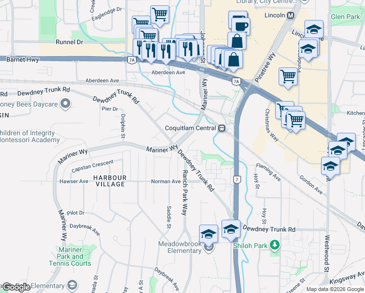 map of restaurants, bars, coffee shops, grocery stores, and more near 1104 Wallace Court in Coquitlam