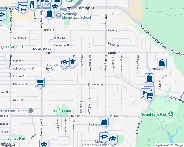 map of restaurants, bars, coffee shops, grocery stores, and more near 1236 Sherlock Avenue in Burnaby