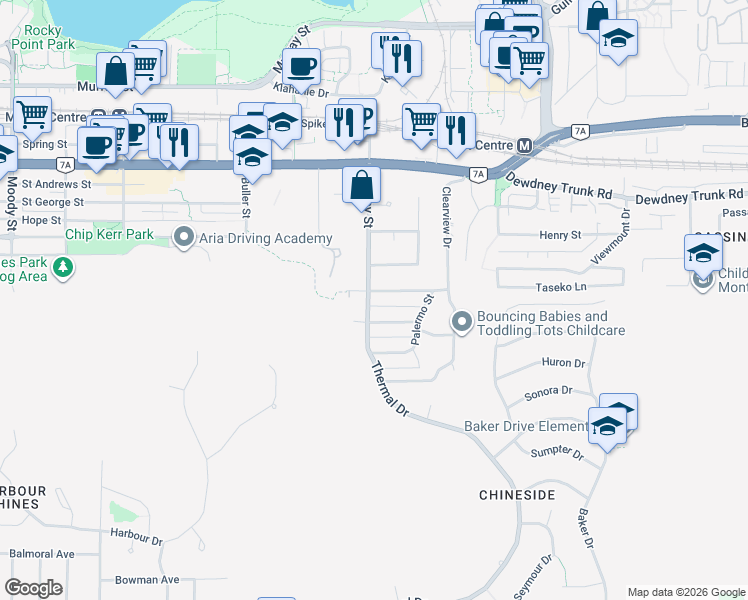 map of restaurants, bars, coffee shops, grocery stores, and more near 1045 Moray Street in Coquitlam
