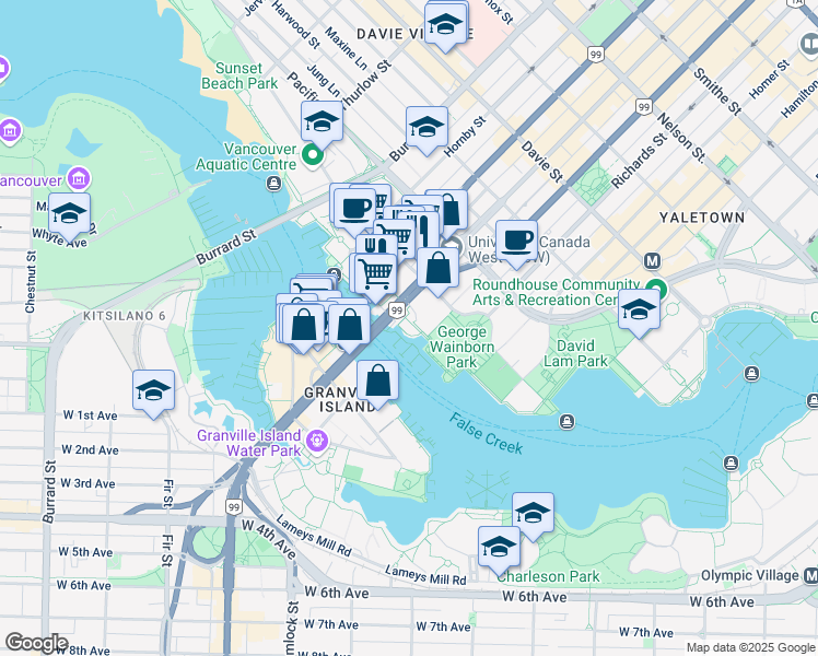 map of restaurants, bars, coffee shops, grocery stores, and more near Granville Street in Vancouver