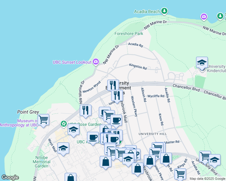 map of restaurants, bars, coffee shops, grocery stores, and more near 5922 Chancellor Boulevard in Vancouver
