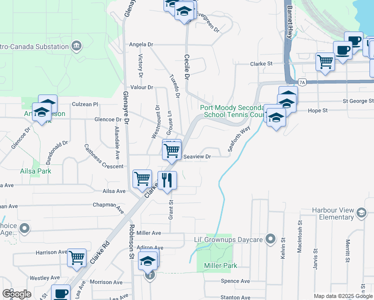 map of restaurants, bars, coffee shops, grocery stores, and more near 942 Clarke Road in Port Moody