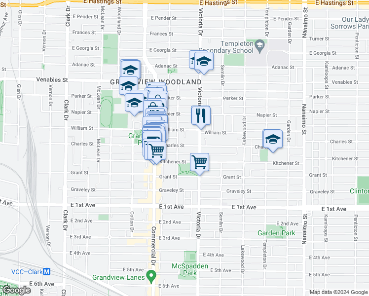 map of restaurants, bars, coffee shops, grocery stores, and more near 1818 Charles Street in Vancouver