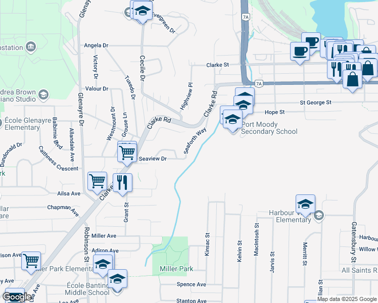 map of restaurants, bars, coffee shops, grocery stores, and more near 970 Seaforth Way in Port Moody