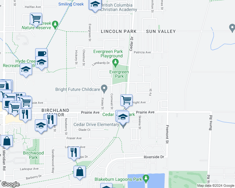 map of restaurants, bars, coffee shops, grocery stores, and more near 3353 Forest Grove Place in Port Coquitlam
